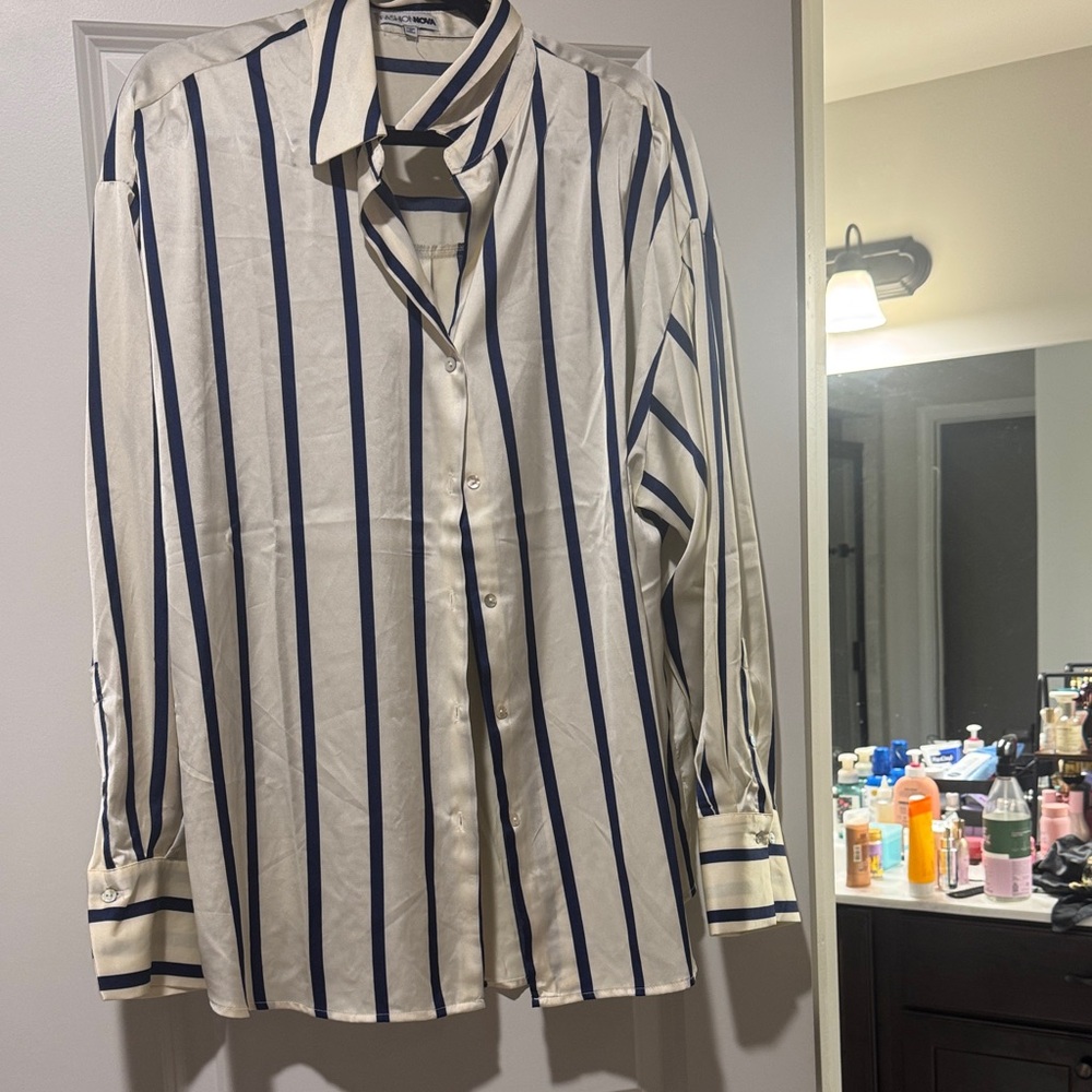 Fashion Nova Navy and White Striped Button Down Shirt